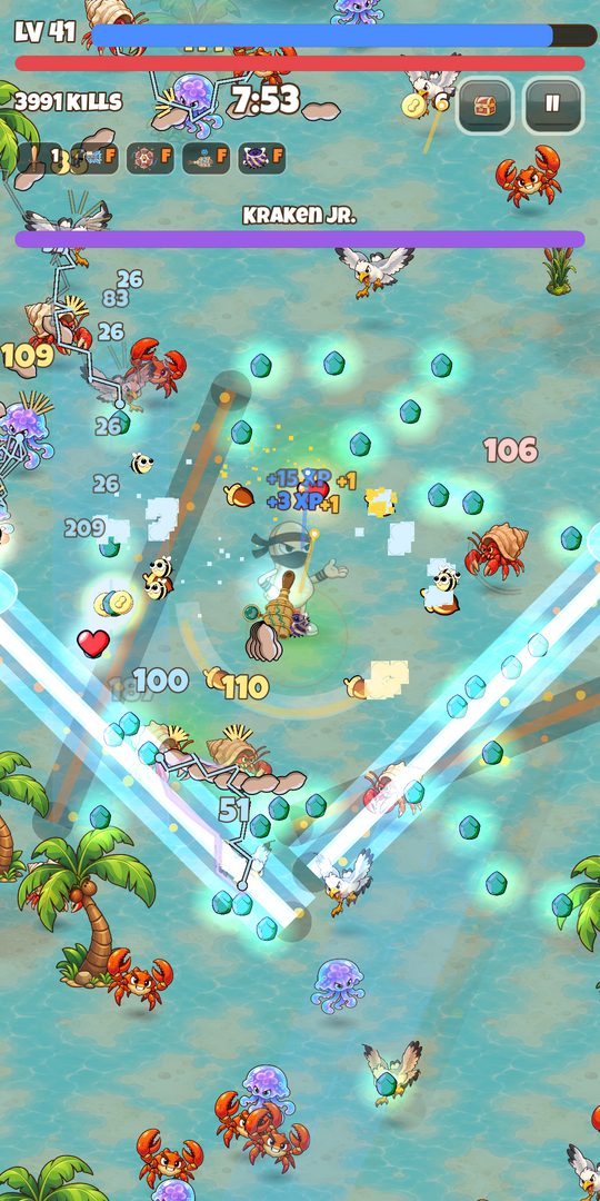 Late-game screen full of fusion weapons and enemies